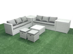 Fimous Rattan Garden Outdoor Furniture Set 8 Seater Rattan Garden Sofa Set 2 Small Stool 2 Side Tables Light Grey - thumbnail 2