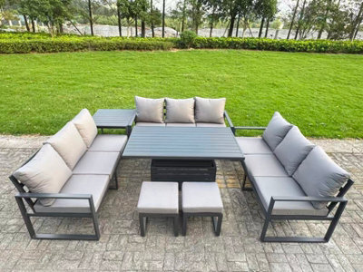 Fimous U-Shaped Garden Furniture Set 11-Seater Aluminium With Adjustable Rising Lifting Dining Table 2 Small Footstools Dark Grey - image 1