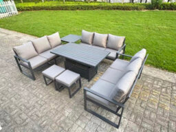 Fimous U-Shaped Garden Furniture Set 11-Seater Aluminium With Adjustable Rising Lifting Dining Table 2 Small Footstools Dark Grey - thumbnail 2