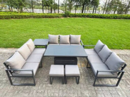 Fimous U-Shaped Garden Furniture Set 11-Seater Aluminium With Adjustable Rising Lifting Dining Table 2 Small Footstools Dark Grey - thumbnail 1