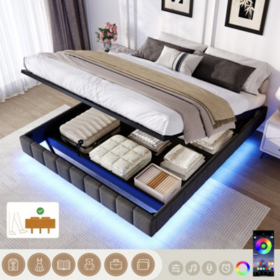 Modernluxe 4Ft6 Double Floating Bed, Ottoman Bed, 135 X 190Cm, With Rgb Led Lights, No Headboard, Linen, Grey - image 1