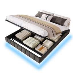 Modernluxe 4Ft6 Double Floating Bed, Ottoman Bed, 135 X 190Cm, With Rgb Led Lights, No Headboard, Linen, Grey - thumbnail 8
