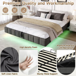 Modernluxe 4Ft6 Double Floating Bed, Ottoman Bed, 135 X 190Cm, With Rgb Led Lights, No Headboard, Linen, Grey - thumbnail 7