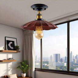 Industrial- Semi Flush Mount Ceiling Light With E27 Flat Rustic Red Umbrella Shade For Living Room And Kitchen - thumbnail 3