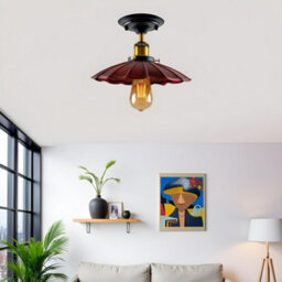 Industrial- Semi Flush Mount Ceiling Light With E27 Flat Rustic Red Umbrella Shade For Living Room And Kitchen - thumbnail 7