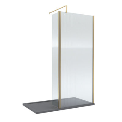 Balterley 8mm Fluted Glass Walk In Wetroom Screen And Hinged Return With Brushed Brass Profile And Grey Shower Tray - 1400 X 900mm - image 1