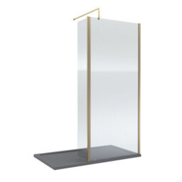 Balterley 8mm Fluted Glass Walk In Wetroom Screen And Hinged Return With Brushed Brass Profile And Grey Shower Tray - 1400 X 900mm - thumbnail 1