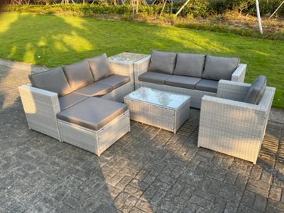 Fimous Light Grey Pe Rattan Garden Furniture Set Corner Lounge Sofa Set Oblong Square Coffee Table Big Footstool Armchair - image 1