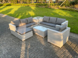 Fimous Light Grey Pe Rattan Garden Furniture Set Corner Lounge Sofa Set Oblong Square Coffee Table Big Footstool Armchair - thumbnail 2