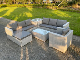 Fimous Light Grey Pe Rattan Garden Furniture Set Corner Lounge Sofa Set Oblong Square Coffee Table Big Footstool Armchair - thumbnail 3