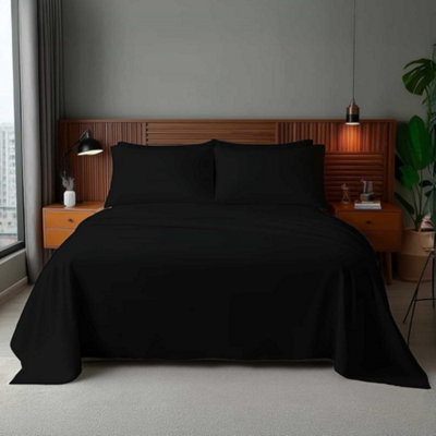 Microfibre Soft Touch Flat Sheet Plain Dyed Bed Linen Black - image 1