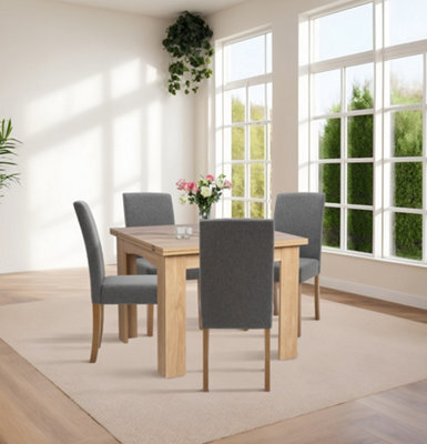 Hallowood Furniture Newquay Oak Flip Top Extending Table With 4 Upholstered Chairs In Grey Fabric - image 1