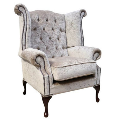 Chesterfield High Back Wing Chair Pastiche Mink Velvet In Queen Anne Style - image 1