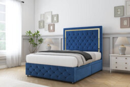 "Sloomy Sofia Gold Navy Plush Divan Bed 2 Drawers Left Side-26"" Strutted Headboard 12"" Footboard 4'6 Double" - thumbnail 3
