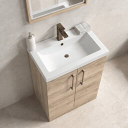 Balterley Bramshall Contemporary Bathroom Floor Standing 2-Door Vanity & Basin, Bleached Oak, 600mm - thumbnail 4