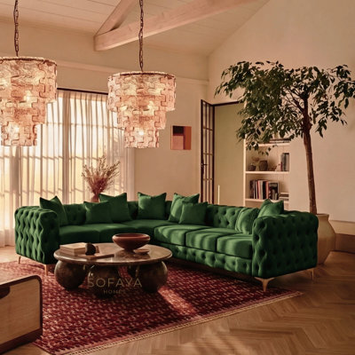 Sofaya Monaco Chesterfield 6 Seater Chaise Sofa Green Velvet L Shaped Corner Chaise- Left Hand Deep Buttoned Upholstery Couch Lounge - image 1