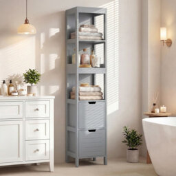 Gainoom Tall Bathroom Storage Cabinet Grey Narrow Freestanding Floor Cabinet Slim Wooden Linen Tower - thumbnail 5