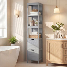 Gainoom Tall Bathroom Storage Cabinet Grey Narrow Freestanding Floor Cabinet Slim Wooden Linen Tower - thumbnail 3