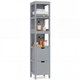 Gainoom Tall Bathroom Storage Cabinet Grey Narrow Freestanding Floor Cabinet Slim Wooden Linen Tower