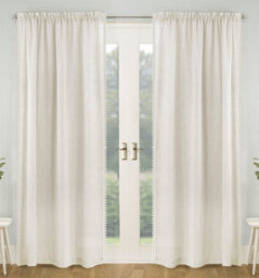 Tyrone Textiles Pair Of Tahiti Cream Pom-Pom Trim Linen Look Voile Panels With Rod Pocket Header 229 Cms - thumbnail 5