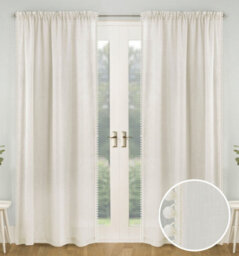 Tyrone Textiles Pair Of Tahiti Cream Pom-Pom Trim Linen Look Voile Panels With Rod Pocket Header 229 Cms