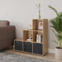 Urbn-Living Urbnliving Height 90.5Cm 6 Cube Step Storage Oak Bookcase And Black Doors For Home Office Organizer Display Shelf Unit - thumbnail 3