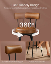 LEDREM Set Of 2, Counter Bar Chairs With Backs, Synthetic Leather With Stitching, Mid-Century Modern, Kitchen Home Bar, Caramel Brown - thumbnail 8