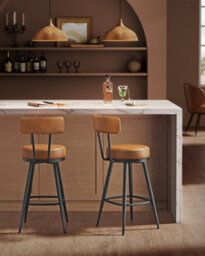 LEDREM Set Of 2, Counter Bar Chairs With Backs, Synthetic Leather With Stitching, Mid-Century Modern, Kitchen Home Bar, Caramel Brown - thumbnail 4