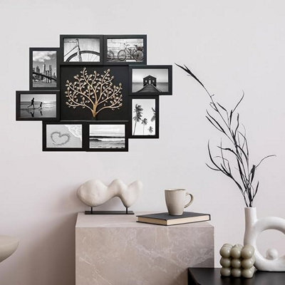 Biznest Embossed Family Tree Black & Bronze Photo Frame Collage 8 Openings Wall Mount 4X6 '' Metal Hooks Stable Hanging 60X46 Cm - image 1
