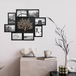Biznest Embossed Family Tree Black & Bronze Photo Frame Collage 8 Openings Wall Mount 4X6 '' Metal Hooks Stable Hanging 60X46 Cm - thumbnail 1
