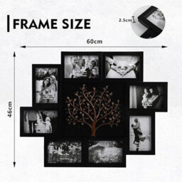 Biznest Embossed Family Tree Black & Bronze Photo Frame Collage 8 Openings Wall Mount 4X6 '' Metal Hooks Stable Hanging 60X46 Cm - thumbnail 2