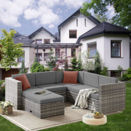 Evre 6 Seat Grey Rattan Outdoor Garden Furniture Sofa Set - Monaco With Coffee Table & Weatherproof Cover - thumbnail 4