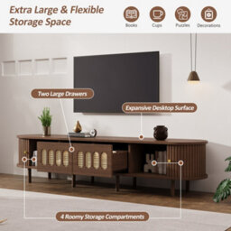 Matteo Walnut Finish Tv Stand With Rattan Effect Roller Doors & Drawers For 80-Inch Tvs - thumbnail 8