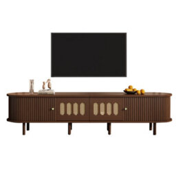 Matteo Walnut Finish Tv Stand With Rattan Effect Roller Doors & Drawers For 80-Inch Tvs - thumbnail 4