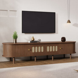 Matteo Walnut Finish Tv Stand With Rattan Effect Roller Doors & Drawers For 80-Inch Tvs - thumbnail 2