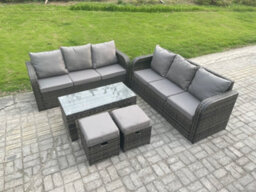 Fimous 8 Seater Patio Garden Furniture Sets Wicker Outdoor Rattan Furniture Sofa Sets With Rectangular Coffee Table Footstools - thumbnail 1