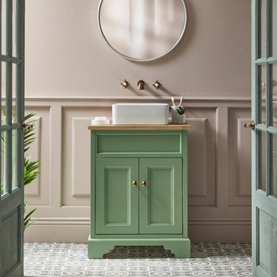 Homestylestore Pastel Green And Oak 645mm Bathroom Vanity Unit With Square Countertop Basin And Brushed Copper Square Handles - image 1