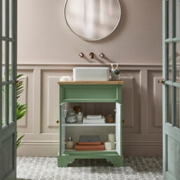 Homestylestore Pastel Green And Oak 645mm Bathroom Vanity Unit With Square Countertop Basin And Brushed Copper Square Handles - thumbnail 2
