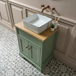 Homestylestore Pastel Green And Oak 645mm Bathroom Vanity Unit With Square Countertop Basin And Brushed Copper Square Handles - thumbnail 3