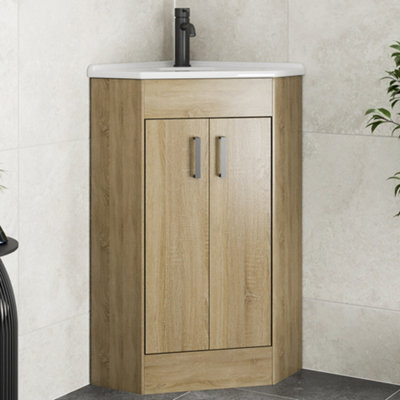 Affine Bathroom Double Door Corner Vanity Unit Basin 1 Tap Hole Freestanding 585mm Oak - image 1