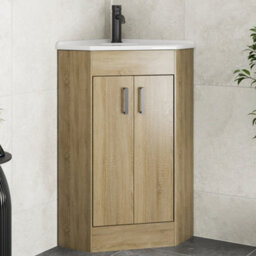 Affine Bathroom Double Door Corner Vanity Unit Basin 1 Tap Hole Freestanding 585mm Oak - thumbnail 1