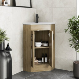 Affine Bathroom Double Door Corner Vanity Unit Basin 1 Tap Hole Freestanding 585mm Oak - thumbnail 3