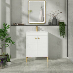 Royal Bathrooms Verona 600mm Gloss White Floor Standing Vanity Unit 2 Door With Stone Basin & Brushed Brass Knob - thumbnail 4