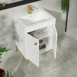 Royal Bathrooms Verona 600mm Gloss White Floor Standing Vanity Unit 2 Door With Stone Basin & Brushed Brass Knob - thumbnail 5