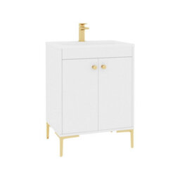 Royal Bathrooms Verona 600mm Gloss White Floor Standing Vanity Unit 2 Door With Stone Basin & Brushed Brass Knob - thumbnail 6