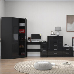 Reflect 2 Door Corner Wardrobe, 5 Drawer Chest, 2 Drawer Bedside & Desk - Black Gloss & Black Oak - Bedroom Furniture Set - thumbnail 4
