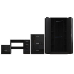 Reflect 2 Door Corner Wardrobe, 5 Drawer Chest, 2 Drawer Bedside & Desk - Black Gloss & Black Oak - Bedroom Furniture Set - thumbnail 6