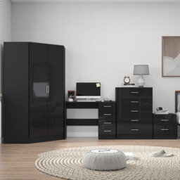 Reflect 2 Door Corner Wardrobe, 5 Drawer Chest, 2 Drawer Bedside & Desk - Black Gloss & Black Oak - Bedroom Furniture Set - thumbnail 3
