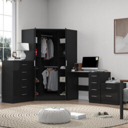 Reflect 2 Door Corner Wardrobe, 5 Drawer Chest, 2 Drawer Bedside & Desk - Black Gloss & Black Oak - Bedroom Furniture Set - thumbnail 2