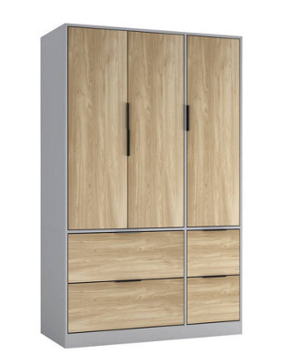 Urbn-Living Urbnliving 3 Door Wardrobe With 4 Drawers Wooden Bedroom Storage Cupboard With Hanging Rail For Clothes - Grey Unit & Oak Doors - image 1